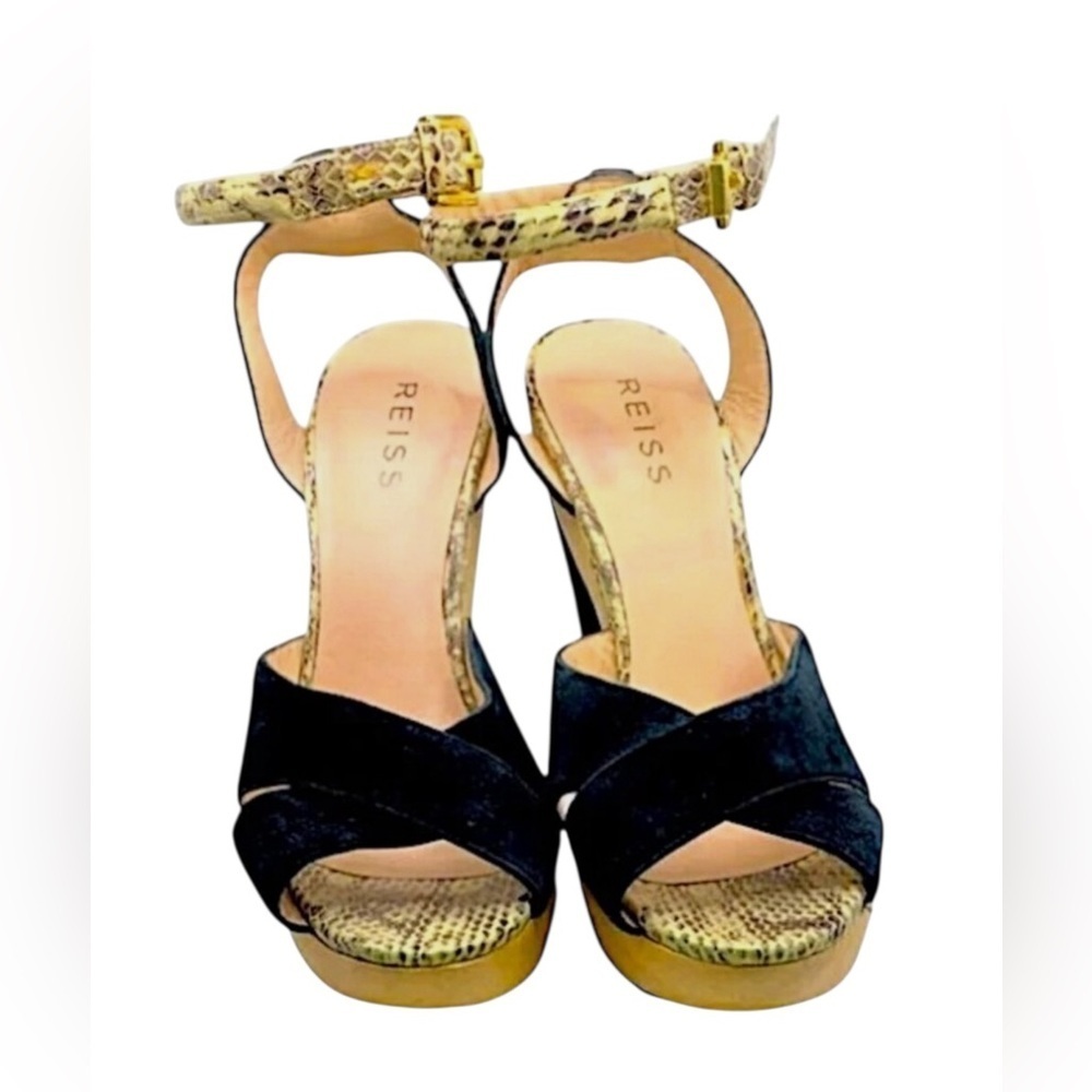 Reiss Black Open Toe Platform Suede/Snakeskin Heels Size 10